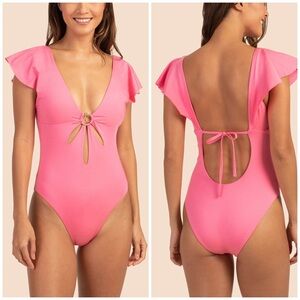 Trina Turk Pink Flutter Sleeve V-Neck One Piece Swimsuit Geranium Size 14 XL